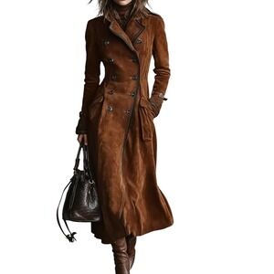 Modesees Womens XS Cognac Faux Suede Double Breasted Long Trench Coat Maxi NEW